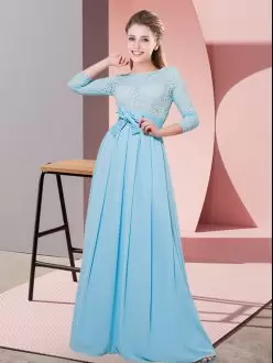 Extravagant Baby Blue 3 4 Length Sleeve Lace and Belt Floor Length Bridesmaid Dress