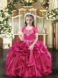 Hot Pink Sleeveless Floor Length Beading Lace Up Pageant Dress Toddler Straps