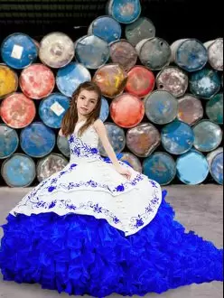 Blue And White Ball Gowns Sweetheart Sleeveless Organza Brush Train Lace Up Embroidery and Ruffled Layers Little Girls Pageant Gowns