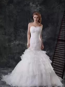 Sleeveless Sweetheart Lace Up With Train Beading and Ruffled Layers Wedding Dresses Sweetheart