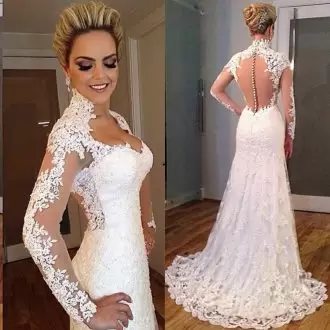 Fashionable Tulle Scoop Long Sleeves Sweep Train Zipper Lace Wedding Dress in White
