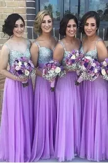 Lovely Floor Length Lace Up Bridesmaid Dresses Lavender for Party and Wedding Party with Beading