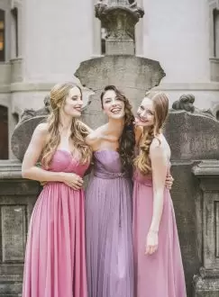 Pink Chiffon Lace Up Bridesmaids Dress Sleeveless Floor Length Ruching