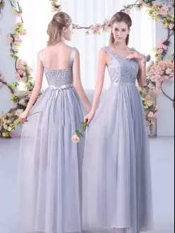 Grey Side Zipper V-neck Lace and Belt Wedding Guest Dresses Tulle Sleeveless