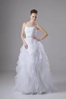White Sleeveless Floor Length Beading and Ruffles Zipper Bridal Gown Strapless