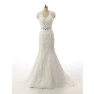 Classical White Lace Clasp Handle V-neck Sleeveless With Train Wedding Dresses Court Train Beading and Lace
