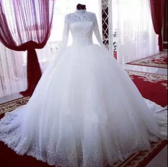Custom Fit White Tulle Zipper High-neck Long Sleeves With Train Red Carpet Gowns Court Train Appliques