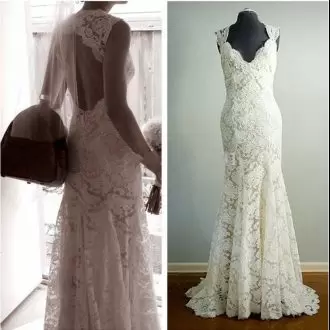 V-neck Cap Sleeves Wedding Dresses With Brush Train Lace White Lace