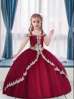 Low Price Floor Length Fuchsia Kids Pageant Dress Off The Shoulder Sleeveless Lace Up