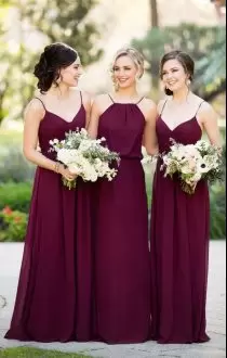 Ideal Burgundy Sleeveless Chiffon Backless Wedding Party Dress for Prom and Party and Military Ball and Beach and Wedding Party