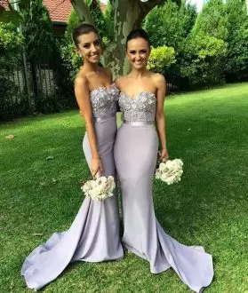 Grey Mermaid Appliques Wedding Guest Dresses Zipper Elastic Woven Satin Sleeveless Floor Length