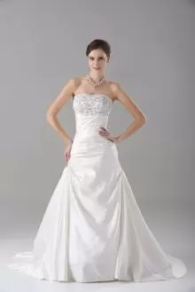 Traditional White Strapless Lace Up Beading Wedding Dresses Brush Train Sleeveless