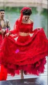 Two Pieces Wedding Dresses Red Off The Shoulder Lace Long Sleeves Floor Length Lace Up