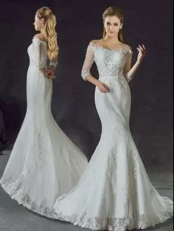 Unique White Mermaid Tulle Off The Shoulder Half Sleeves Lace and Appliques With Train Lace Up Bridal Gown Brush Train
