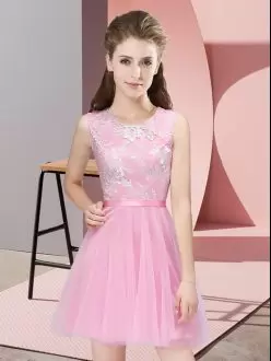 Tulle Scoop Sleeveless Side Zipper Lace Bridesmaid Dress in Pink