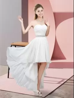 Stylish High Low White Bridesmaid Gown Chiffon Sleeveless Beading