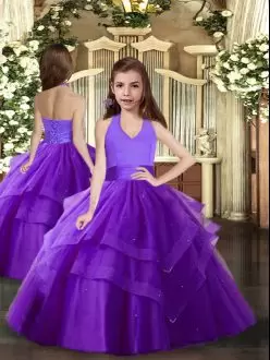 Floor Length Ball Gowns Sleeveless Purple Little Girl Pageant Dress Lace Up