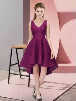 Cute Dark Purple V-neck Neckline Lace Wedding Guest Dresses Sleeveless Zipper