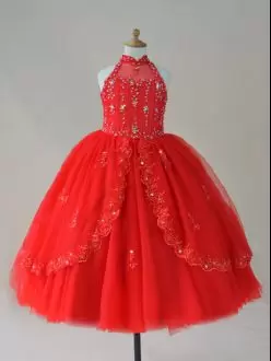 High-neck Sleeveless Little Girls Pageant Gowns Floor Length Beading and Appliques Red Tulle