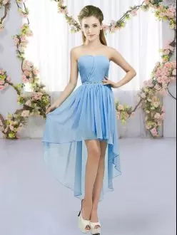 Blue Chiffon Lace Up Wedding Party Dress Sleeveless High Low Beading
