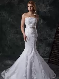 White Strapless Lace Up Beading and Appliques and Belt Wedding Gown Sleeveless