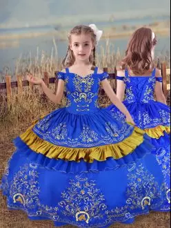 Floor Length Blue Kids Pageant Dress Off The Shoulder Sleeveless Lace Up
