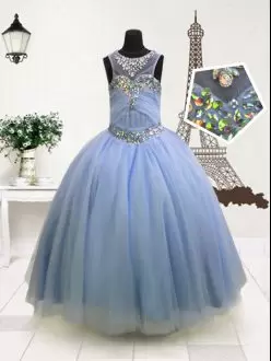 Light Blue Organza Zipper Pageant Gowns Sleeveless Floor Length Beading and Ruffles