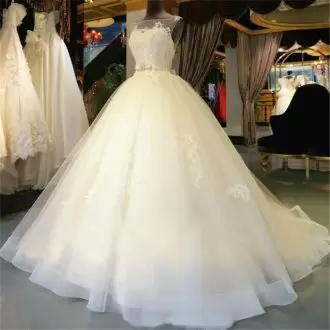 Flare White Sleeveless Tulle Chapel Train Backless Wedding Gowns for Military Ball and Beach and Wedding Party