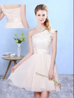 Champagne Chiffon Lace Up Bridesmaid Gown Cap Sleeves Knee Length Appliques