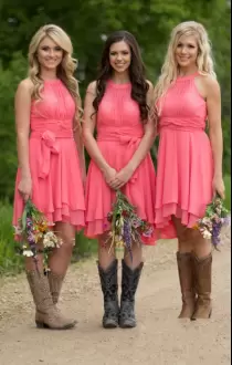 Pink Lace Up Scoop Ruching Wedding Guest Dresses Chiffon Sleeveless