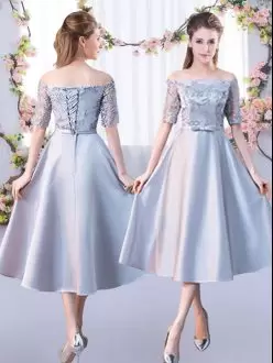 Half Sleeves Off The Shoulder Lace Up Tea Length Lace Bridesmaid Dresses Off The Shoulder