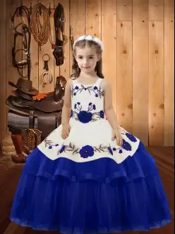 Sleeveless Floor Length Embroidery and Ruffled Layers Lace Up Pageant Dress for Teens with Royal Blue