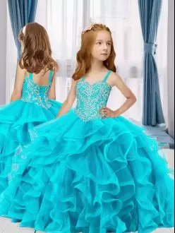 Top Selling Sleeveless Straps Beading and Ruffles Lace Up Girls Pageant Dresses