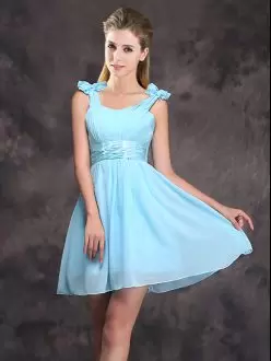 Sleeveless Mini Length Ruching and Bowknot Zipper Wedding Guest Dresses with Baby Blue