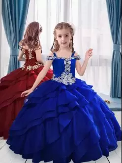 Off The Shoulder Sleeveless Little Girl Pageant Dress Floor Length Appliques and Ruffled Layers Royal Blue Organza