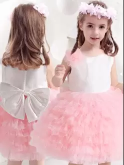 Knee Length Pink And White Flower Girl Dresses Tulle Sleeveless Ruffled Layers and Bowknot and Hand Made Flower