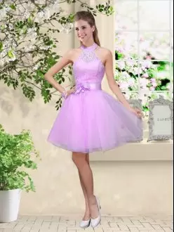 Attractive Lavender Tulle Lace Up Bridesmaid Dresses Sleeveless Knee Length Lace and Belt