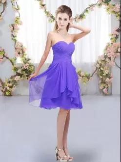 Popular Lavender Empire Chiffon Sweetheart Sleeveless Ruffles and Ruching Knee Length Lace Up Wedding Party Dress