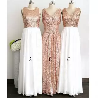 Sleeveless Chiffon Floor Length Lace Up Bridesmaid Dresses in White with Sequins