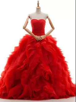 Ruffles and Ruching Wedding Gown Red Lace Up Sleeveless Brush Train
