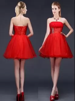 A-line Bridesmaid Dresses Red Strapless Organza Sleeveless Mini Length Lace Up