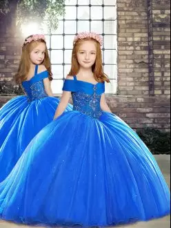 Royal Blue Sleeveless Brush Train Lace Up Little Girls Pageant Dress Wholesale for Party and Wedding Party