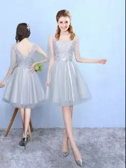 Simple Silver Half Sleeves Tulle Lace Up Bridesmaid Dress for Wedding Party