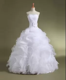 On Sale White Ball Gowns Sweetheart Sleeveless Organza With Train Sweep Train Lace Up Ruffled Layers and Ruching and Hand Made Flower Wedding Dress