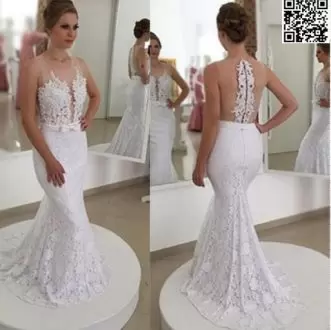 Decent White Zipper Wedding Gown Lace and Bowknot and Belt Sleeveless Brush Train