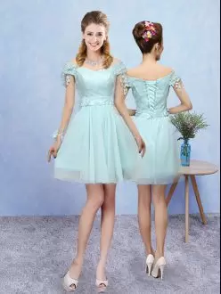 Aqua Blue Tulle Lace Up Bridesmaid Dresses Short Sleeves Mini Length Lace