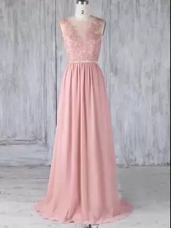 Chiffon Scoop Sleeveless Sweep Train Backless Appliques Bridesmaid Dresses in Pink