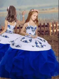 Ball Gowns Winning Pageant Gowns Royal Blue Straps Organza Sleeveless Floor Length Backless