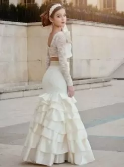 Long Sleeves Scoop Floor Length Beading and Lace and Ruffled Layers and Bowknot Wedding Dresses Scoop