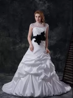 White Wedding Gowns Taffeta Brush Train Cap Sleeves Beading and Ruching and Pick Ups and Hand Made Flower